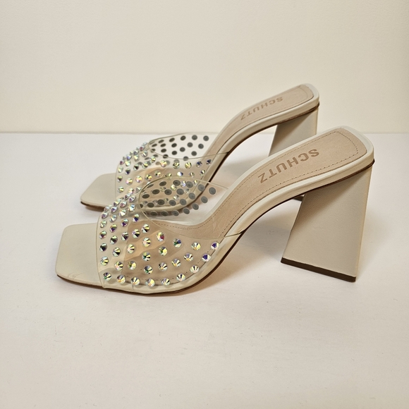 👍NWOT Schutz clear crystal white leather slide on block heal sandals sz 8.5 - Picture 5 of 9